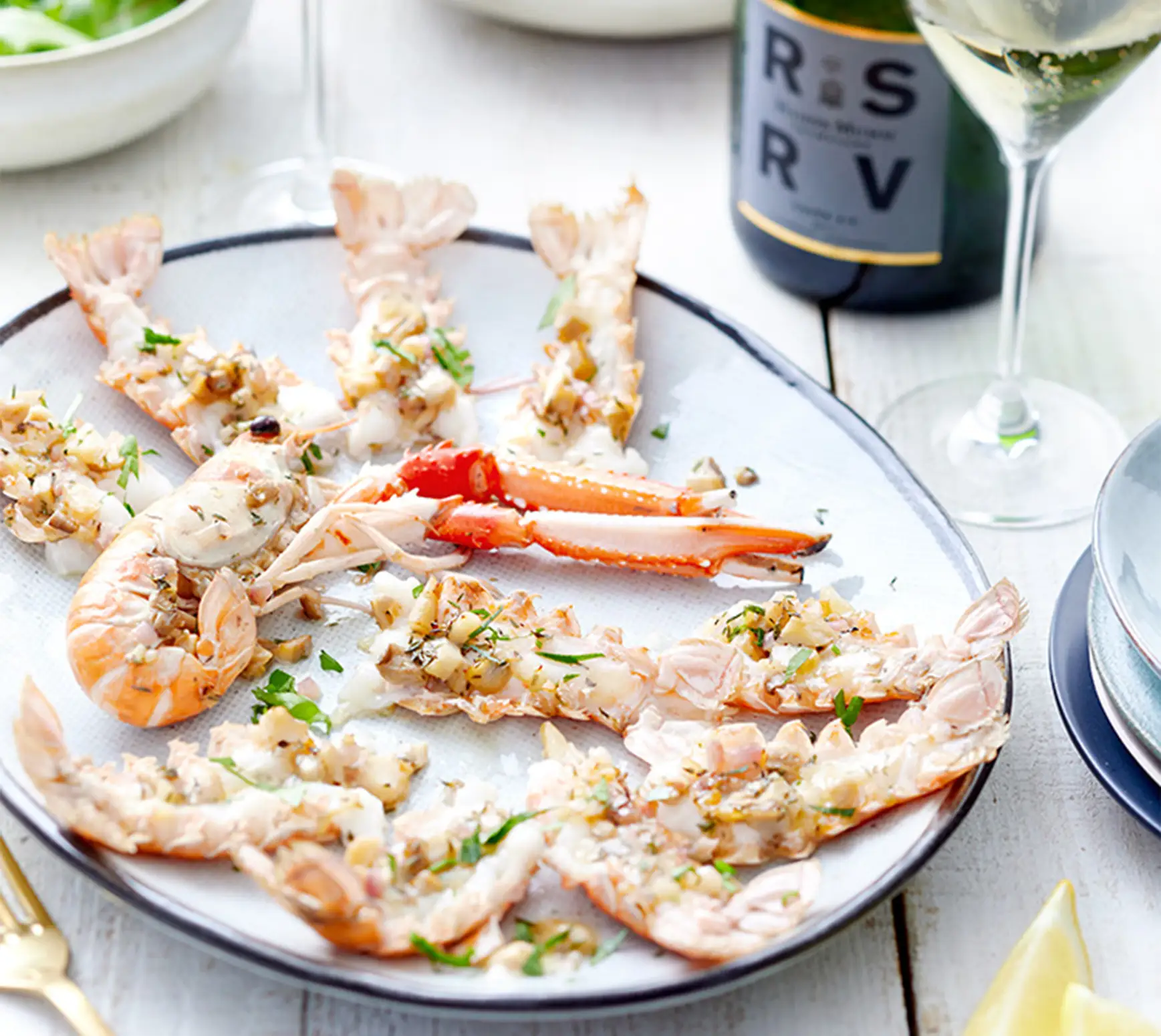 Langoustines juste rôties, pieds de mouton et RSRV Cuvée 4.5
