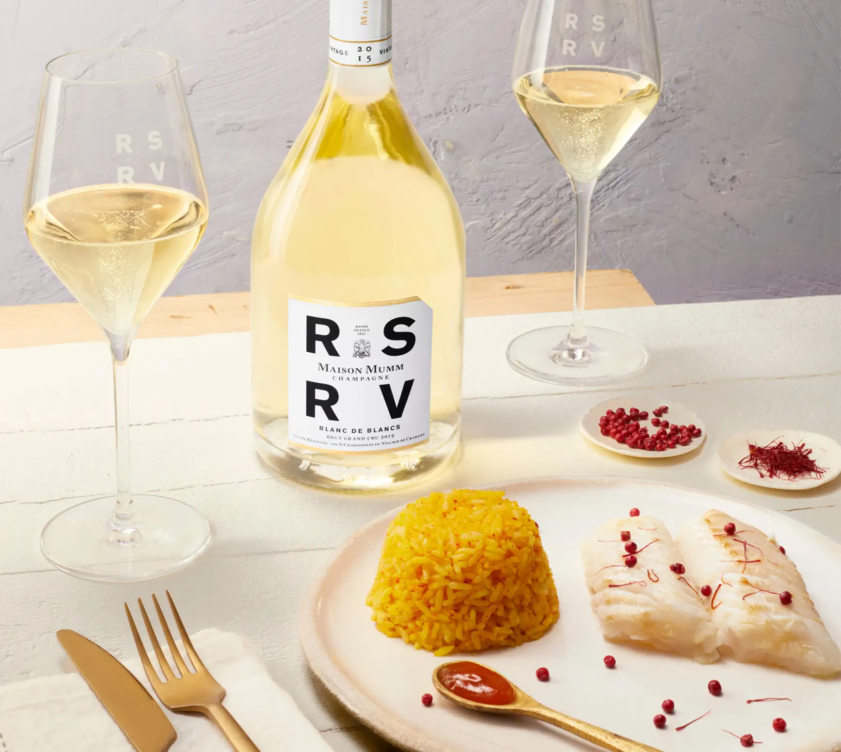 L'accord raffiné d'un filet de merlu noir, riz safrané et marmelade d'agrumes avec la cuvée RSRV Blanc de Blancs