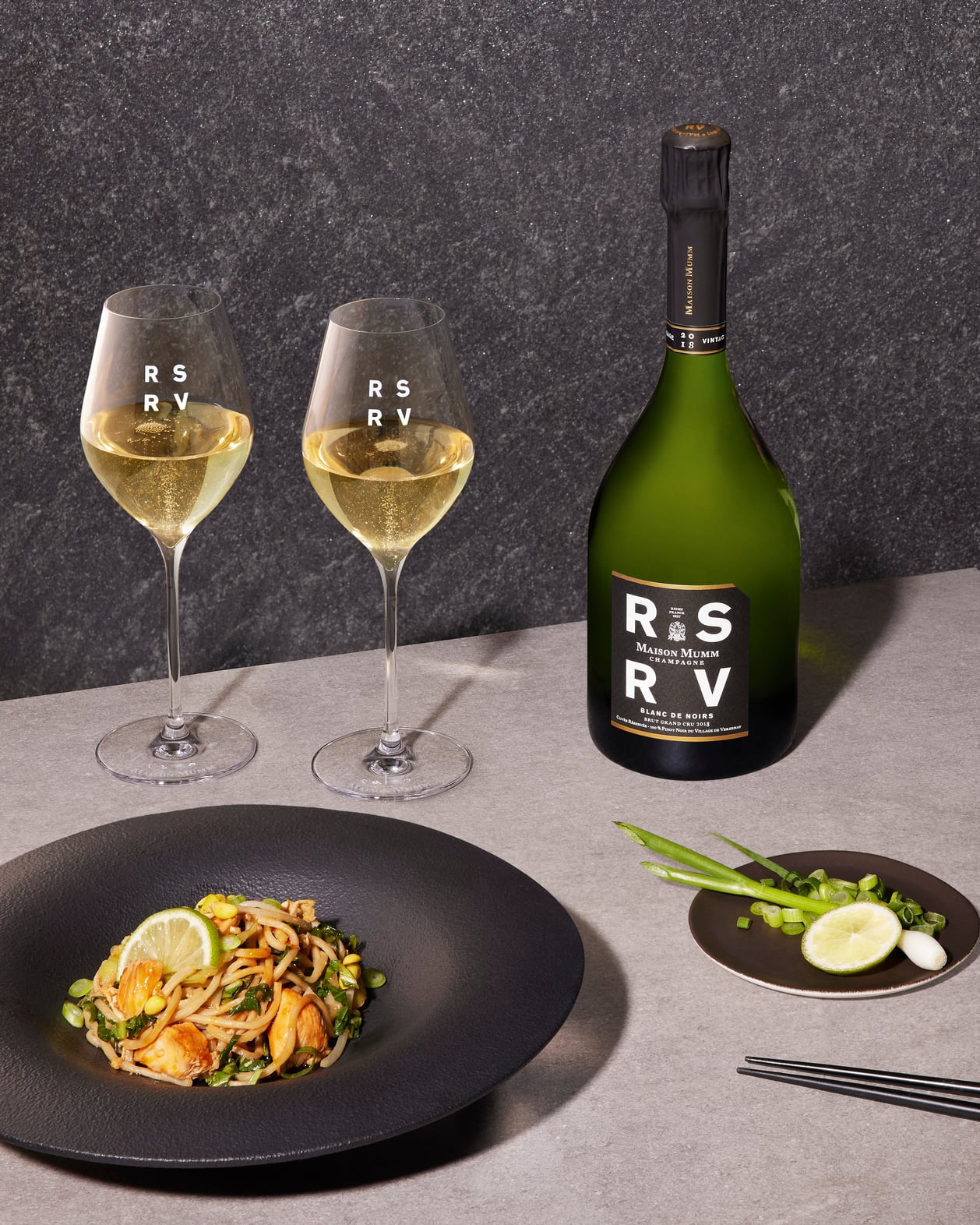 Blanc de Noirs 208 recipe RSRV champagne pairing Mee Goreng